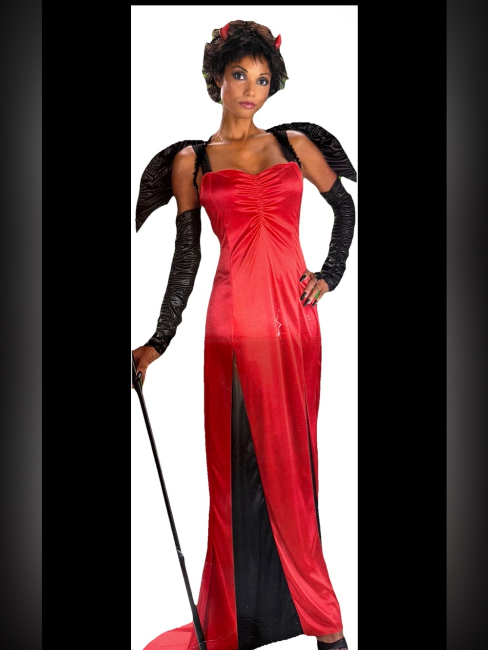 DEVIL Red Dress Costume Black Wings Arm Cuffs Horns Bat Necklace Size 12-14 L XL